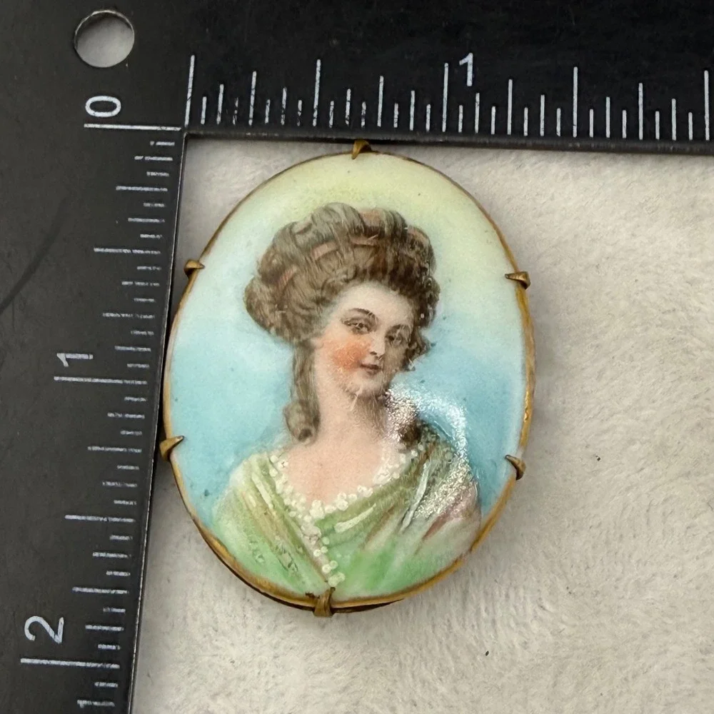 Vintage Victorian Painted Porcelain Brooch Woman